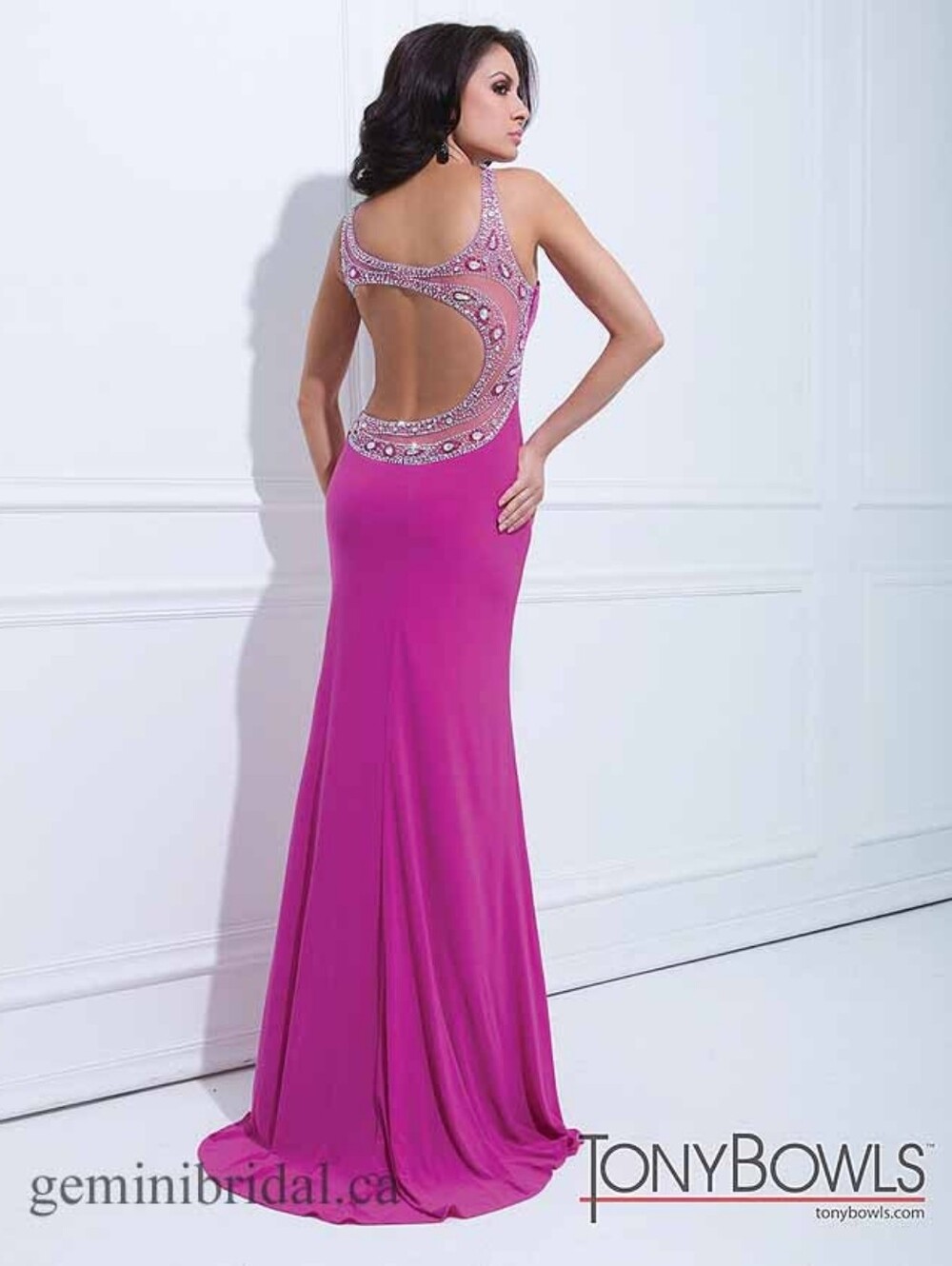 Tony Bowls Fuchsia Backless Evening Gown with Jeweled Trim